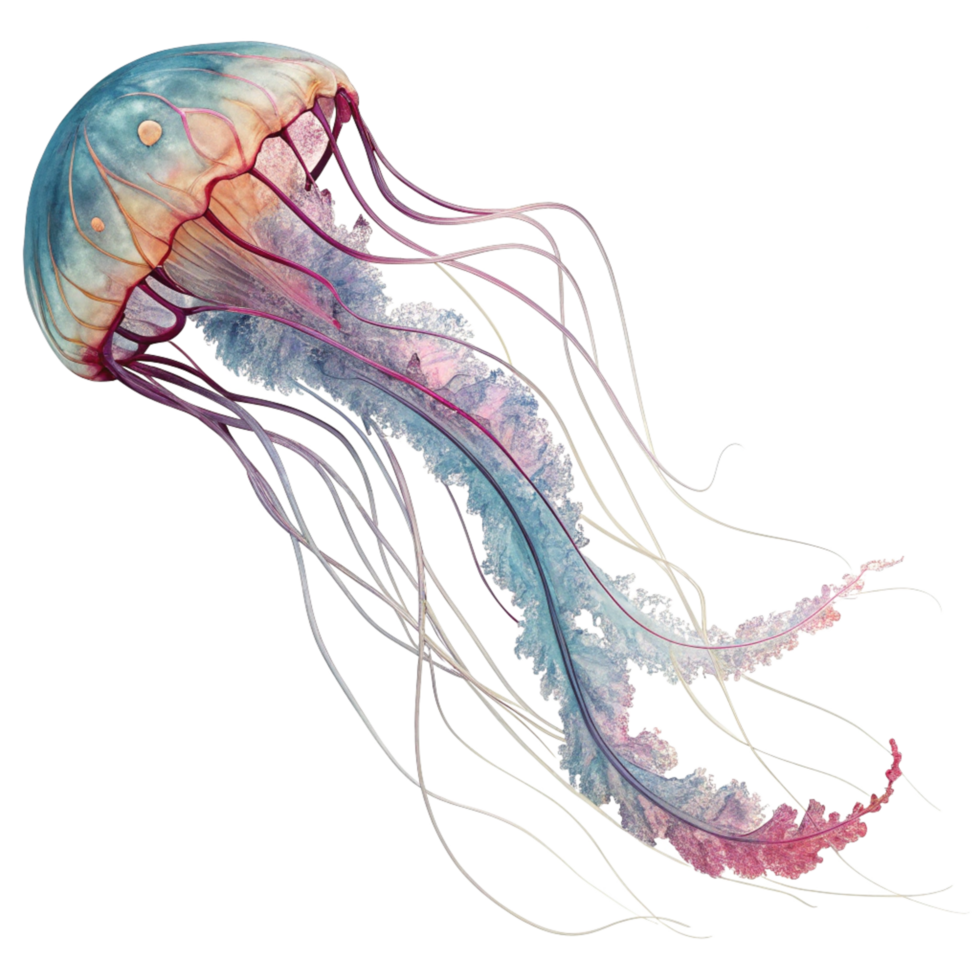 A Stunning Watercolor Painting of a Jellyfish with Delicate Tentacles and Vibrant Colors png