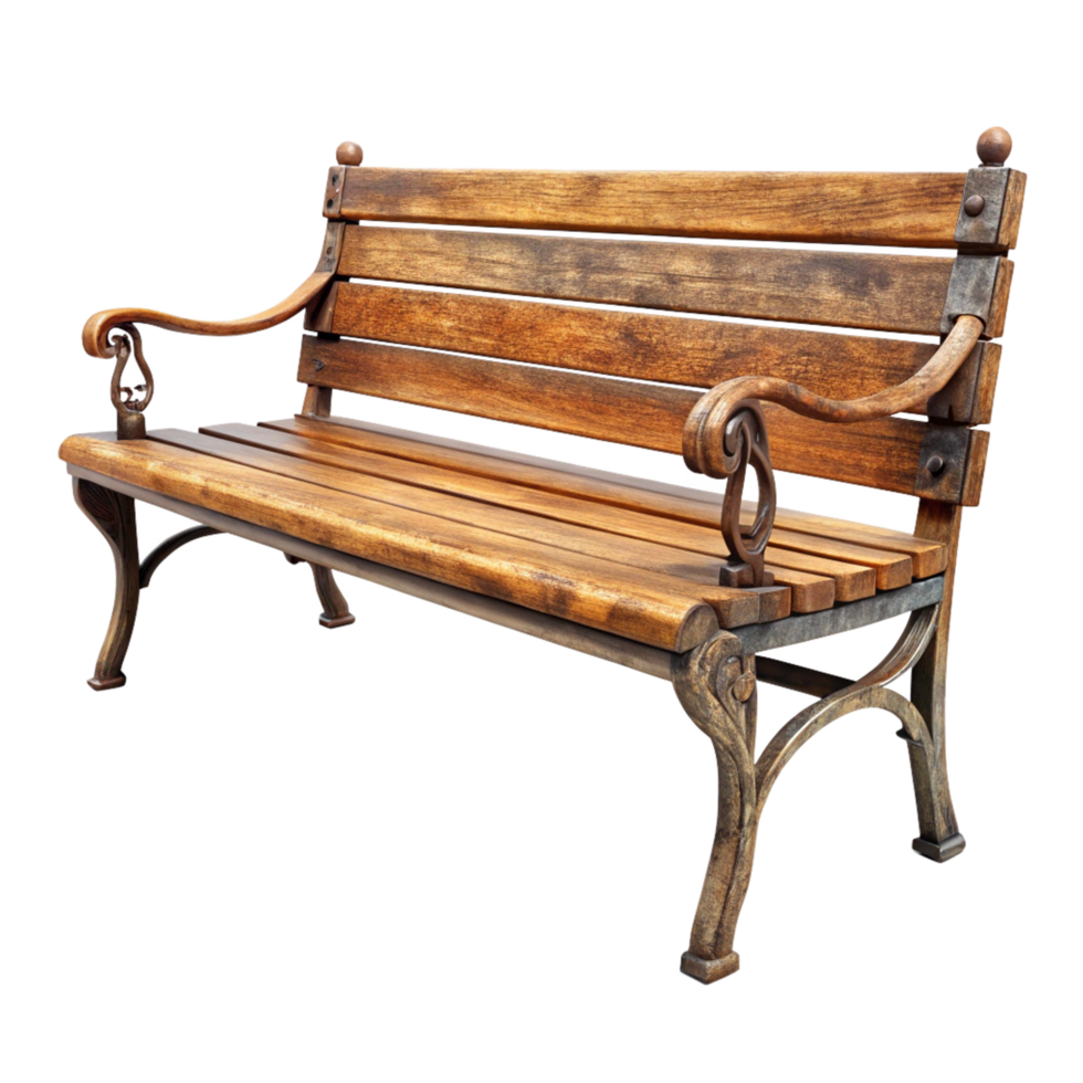 Antique Wooden Park Bench with Ornate Ironwork and Weathered Finish png