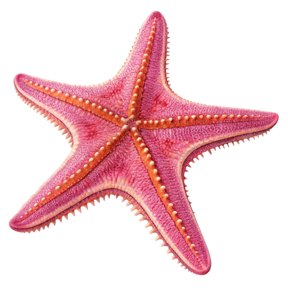 Closeup of a vibrant pink starfish with detailed texture and orange accents png