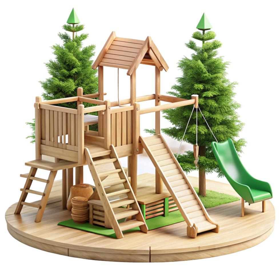 Wooden Playset in a Circular Sandbox with Two Pine Trees and Green Slide png