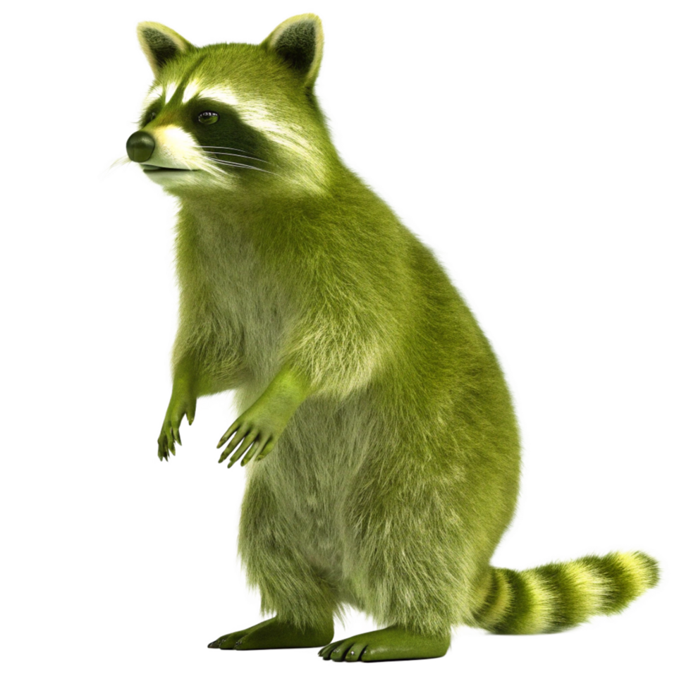 A digitally rendered image of a vibrant green raccoon standing on its hind legs against a black background png