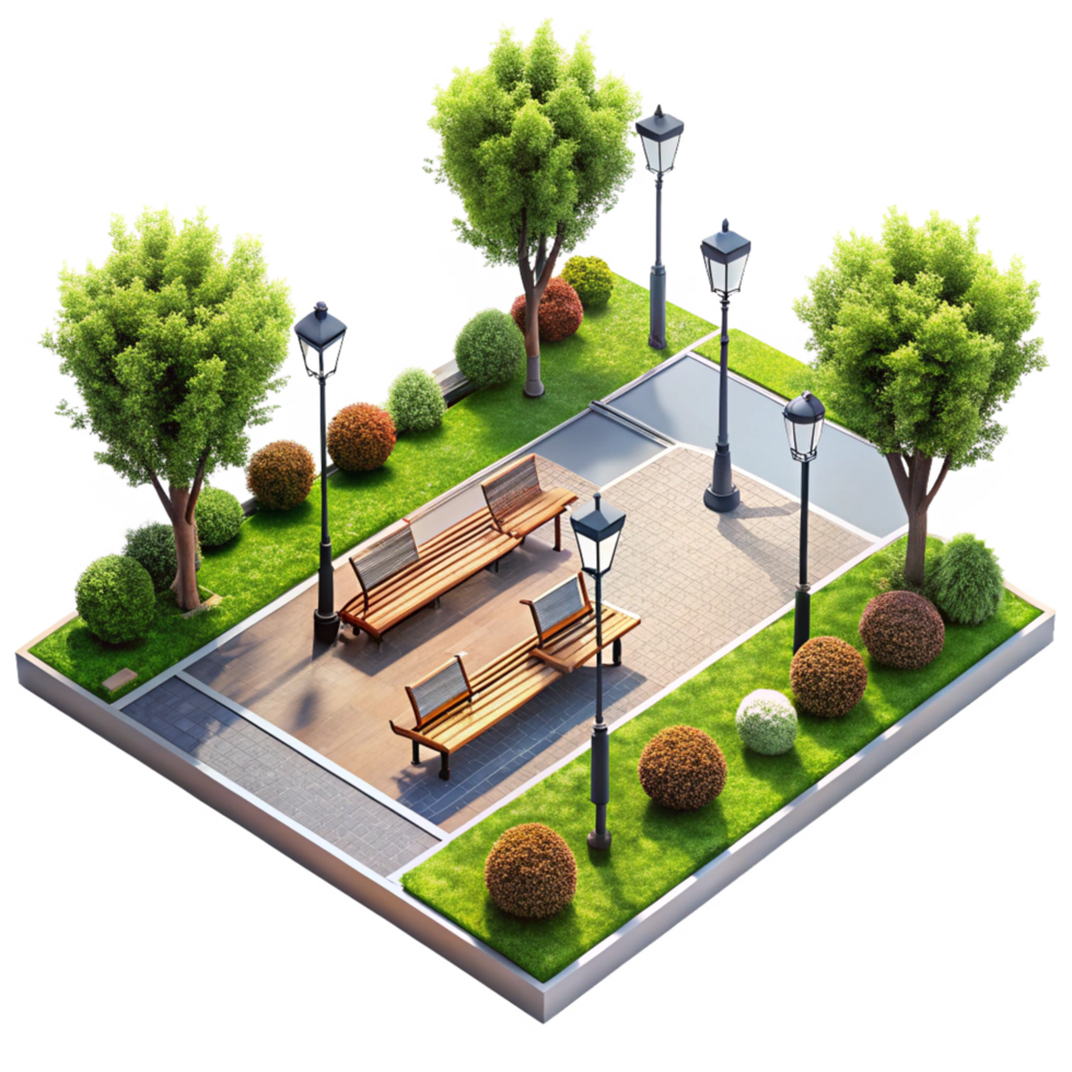 A picturesque park scene with benches and lampposts png