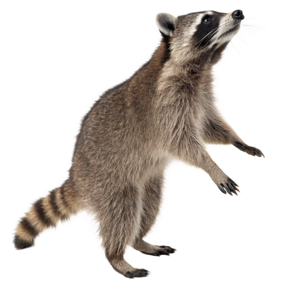 A Stunning Close Up of a Raccoon Standing on its Hind Legs Against a Black Background png