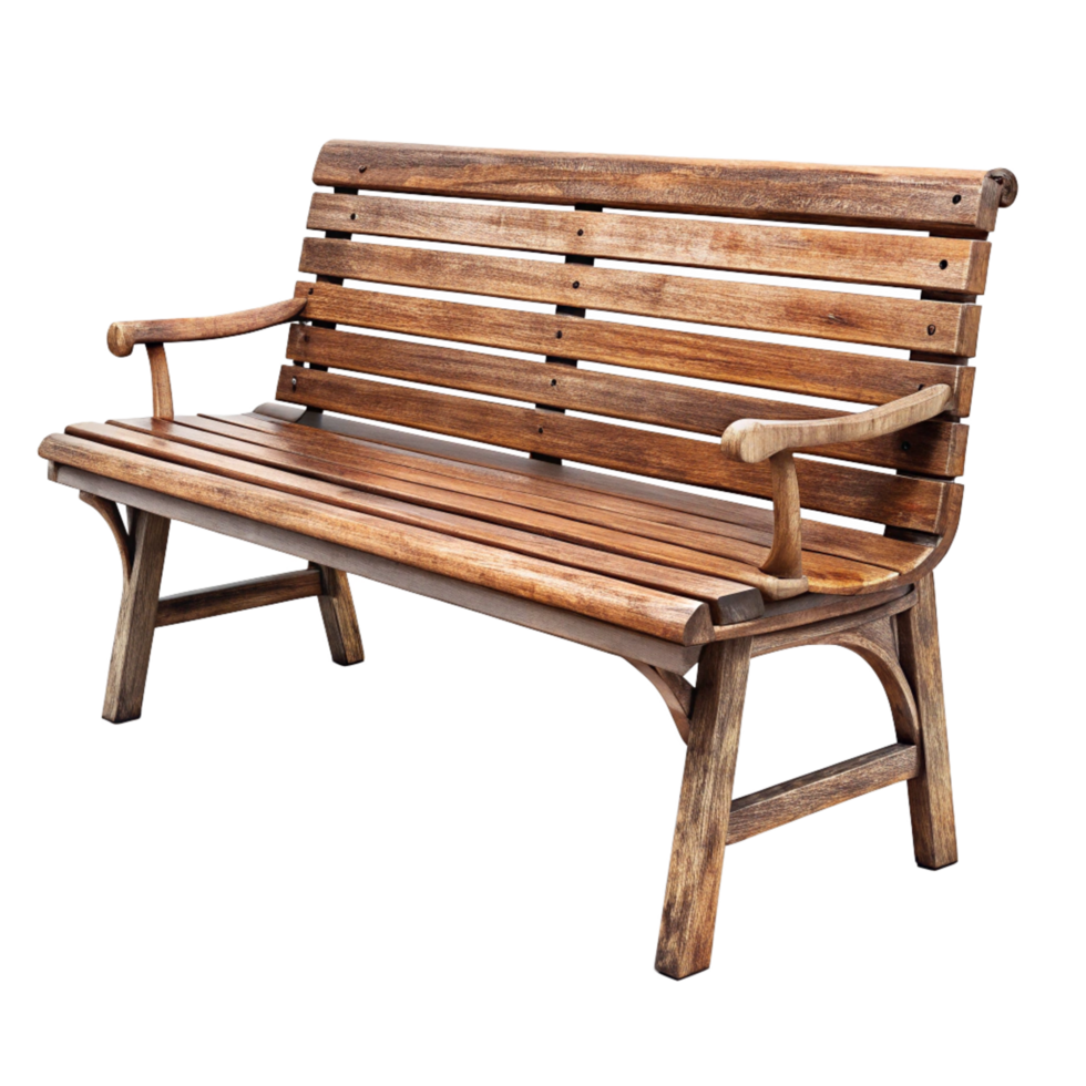 Rustic Wooden Park Bench with Armrests for Outdoor Seating png