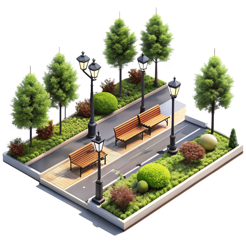 Isometric View of a City Park with Benches and Streetlights png