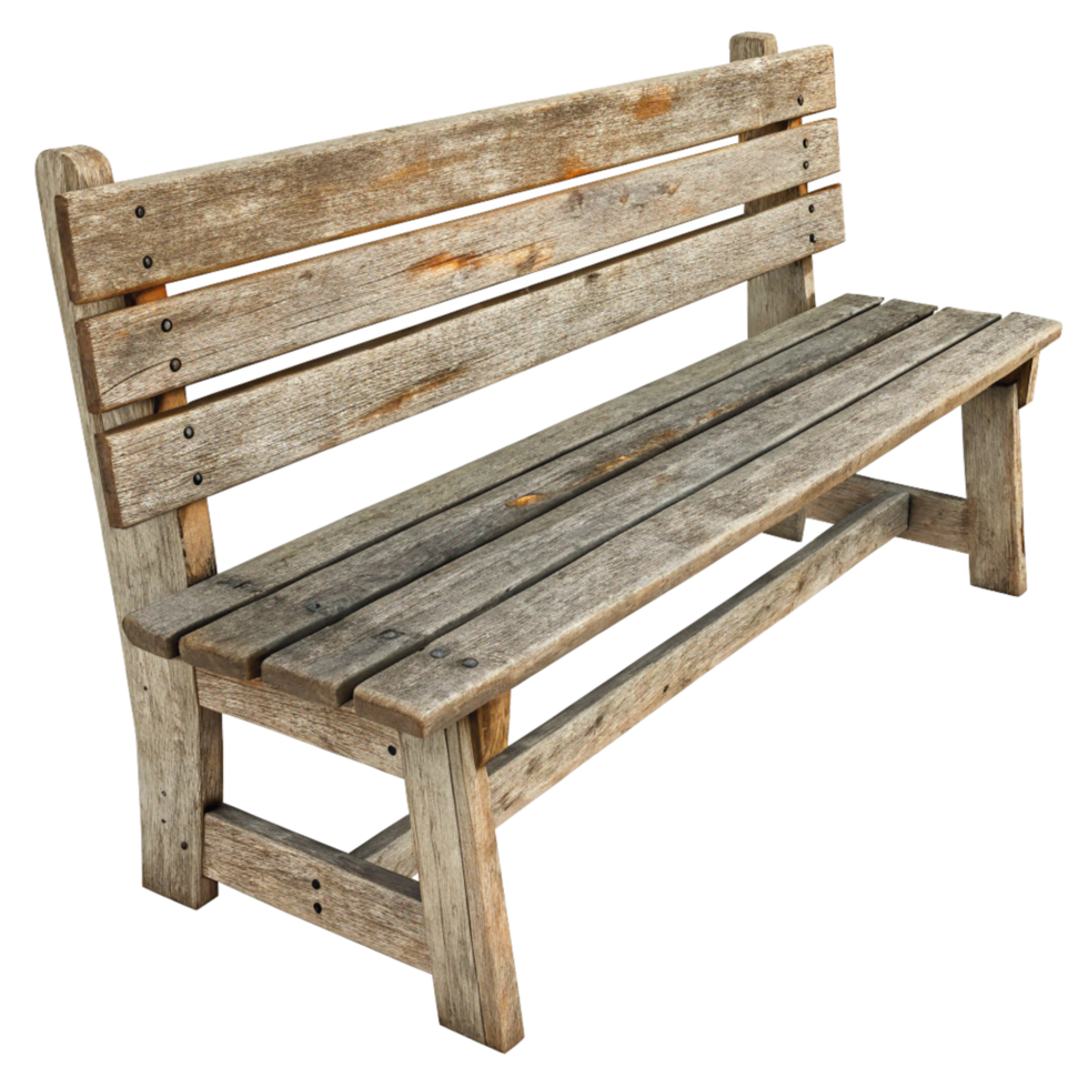 A weathered rustic wooden bench isolated on black background png