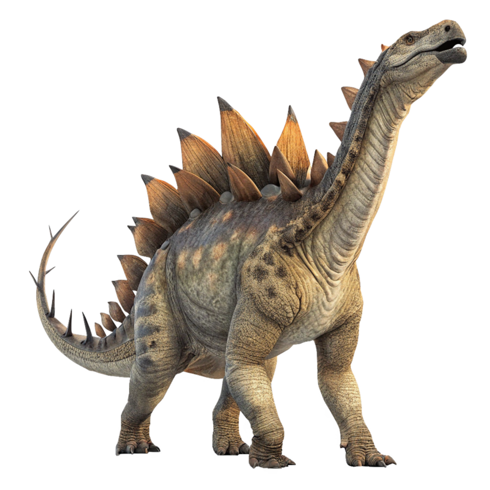 A Detailed 3D Render of a Stegosaurus Dinosaur Standing Tall Against a Black Background png