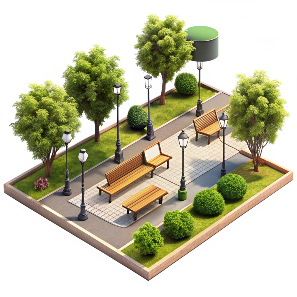 Isometric View of a Tranquil City Park with Benches and Lampposts png