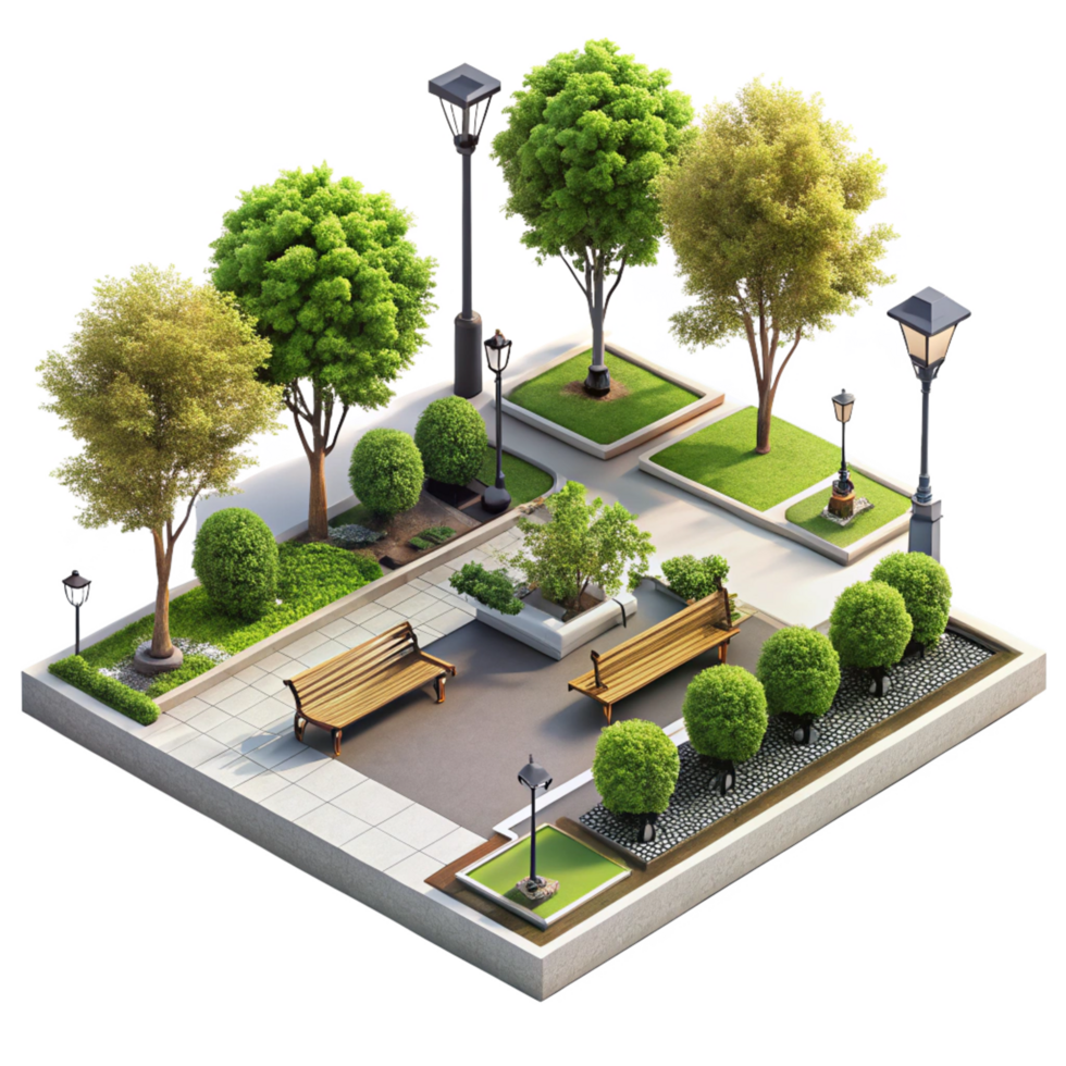 Isometric View of a Beautifully Landscaped City Park with Benches and Streetlights png