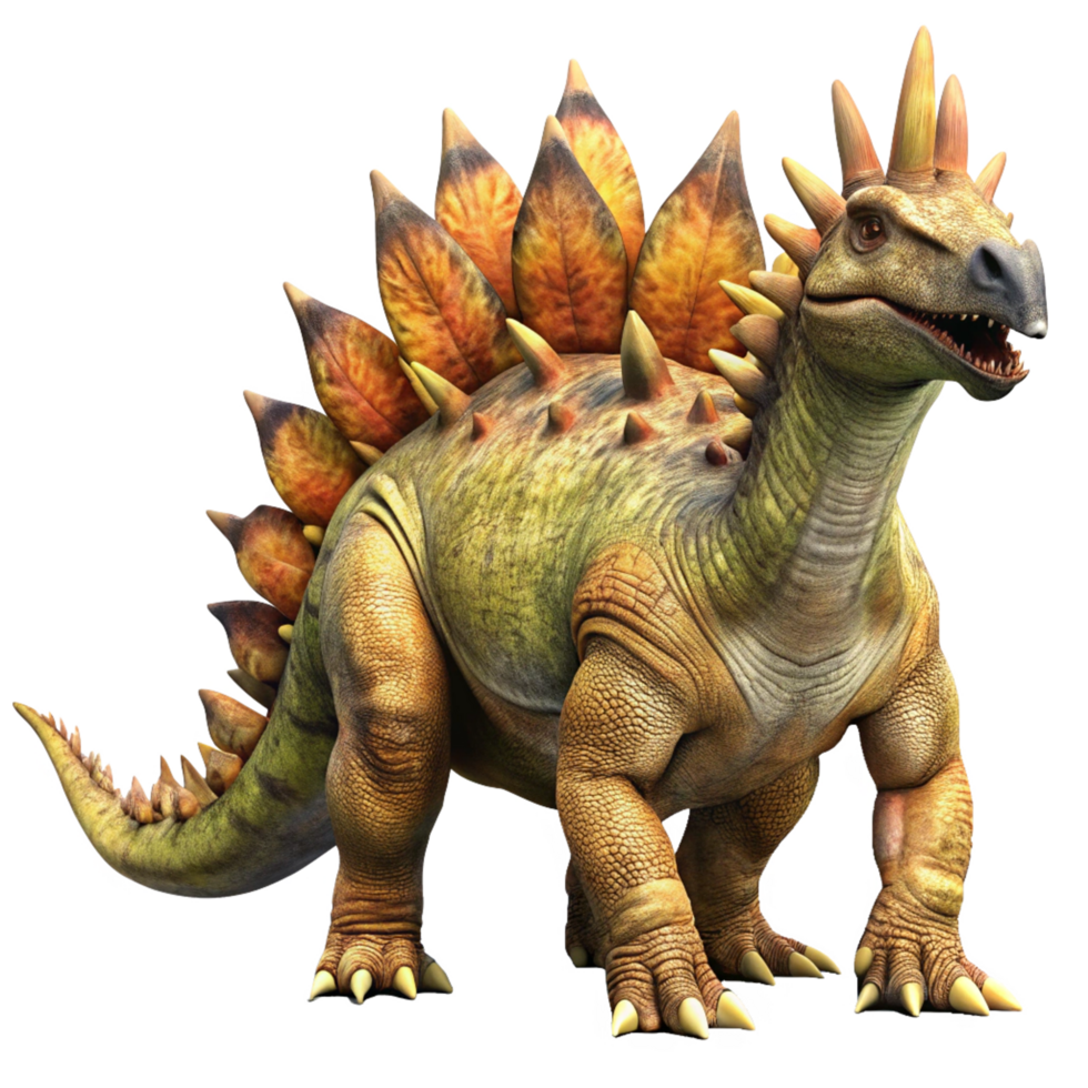 uma deslumbrante 3d render do uma estegossauro dinossauro com fogosa laranja e amarelo espigões e pratos png