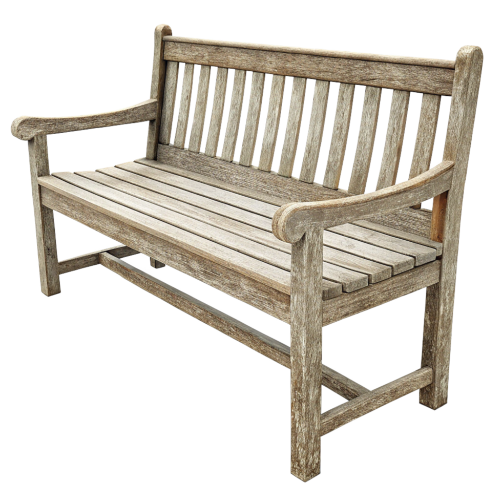 A weathered wooden park bench with armrests, slats, and a rustic appearance png
