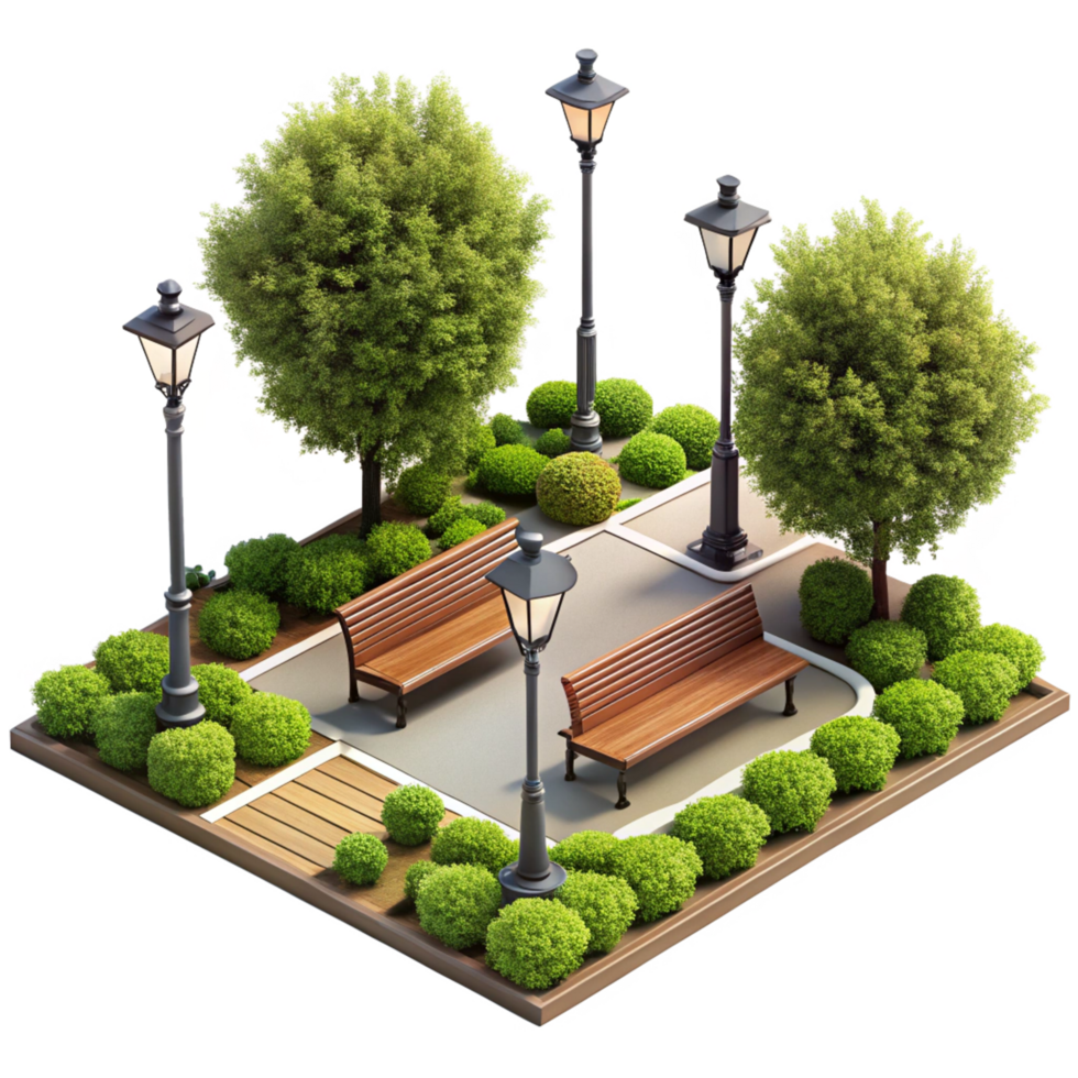 Isometric View of a Relaxing Park Scene with Benches and Lampposts png