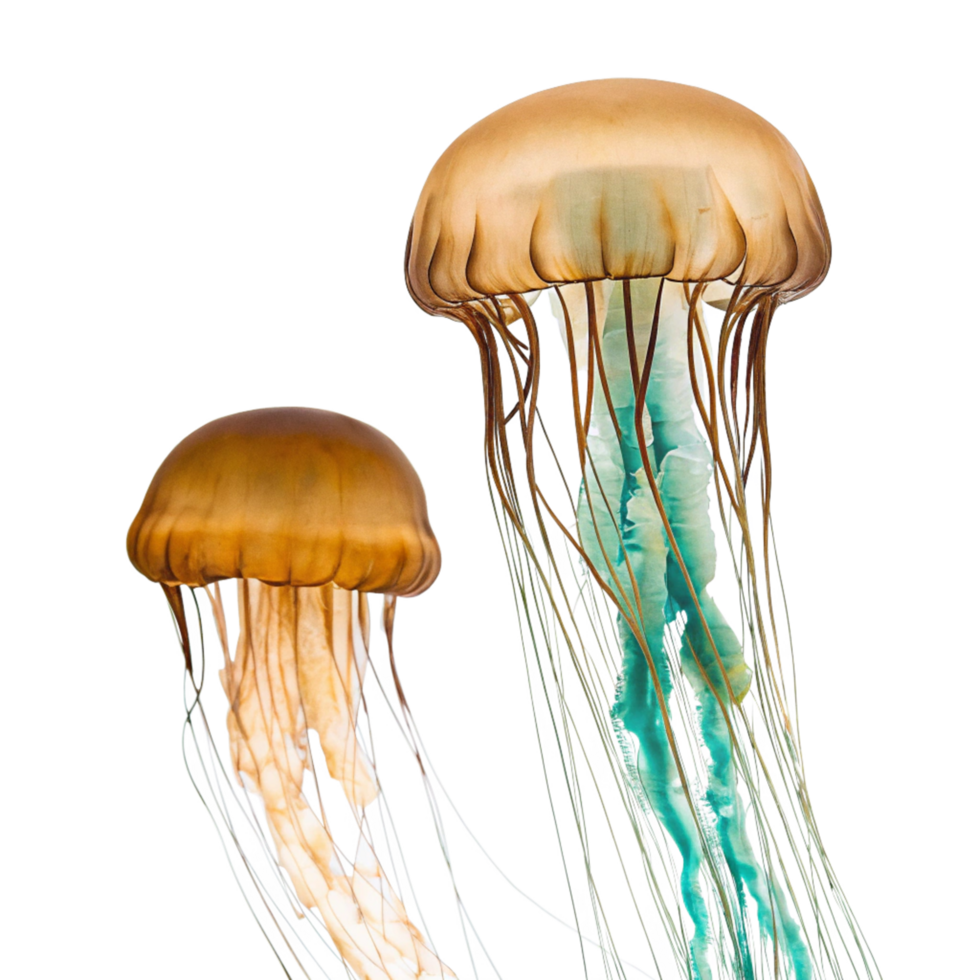 Two Magnificent Pacific Sea Nettles Jellyfish Floating in the Dark Ocean Depths png