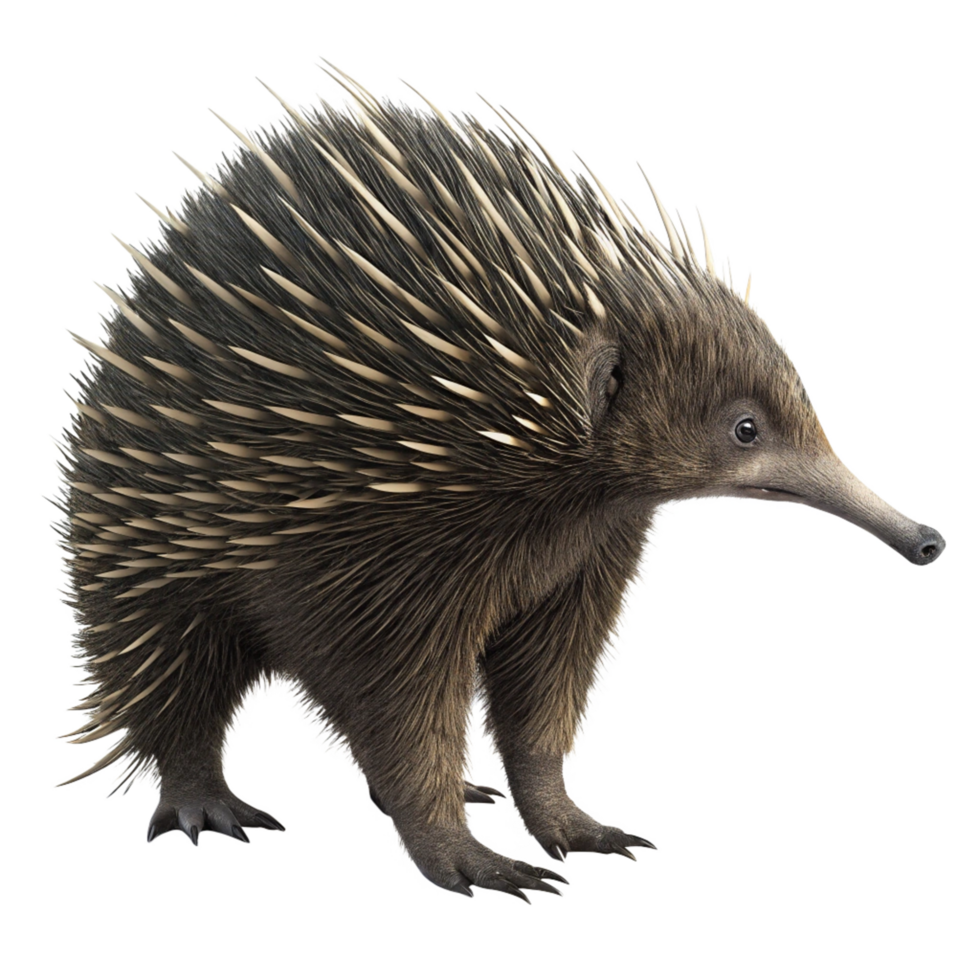 A Detailed Close Up of an Echidna Animal with Spines and Claws png