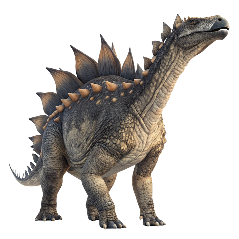 A detailed 3D render of a Stegosaurus dinosaur with gray and brown scales and a row of plates and spikes along its back png