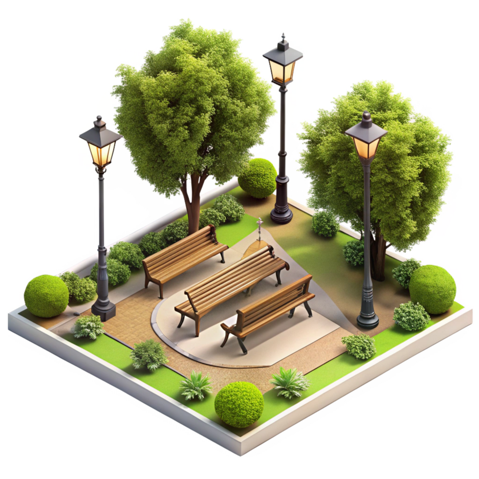 Beautiful isometric view of a park with benches and streetlights png