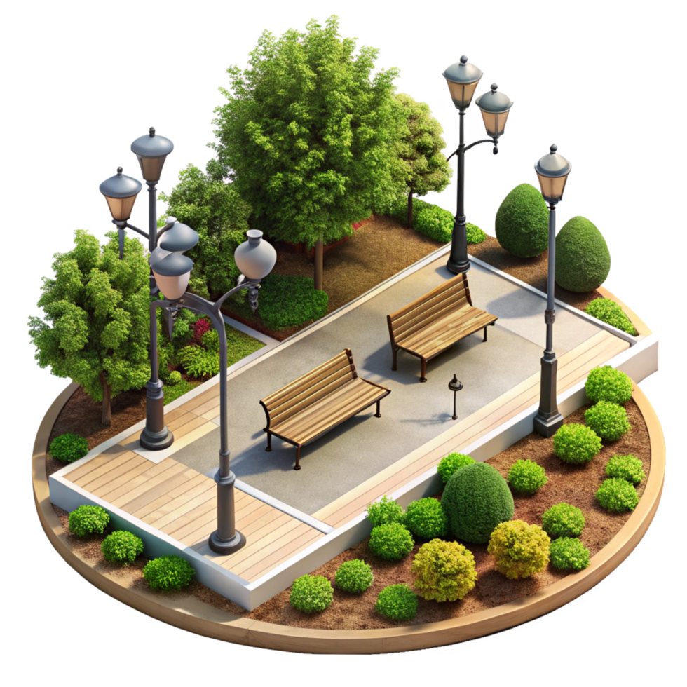 Beautiful 3D Render of a Modern Park Design with Benches and Lampposts png