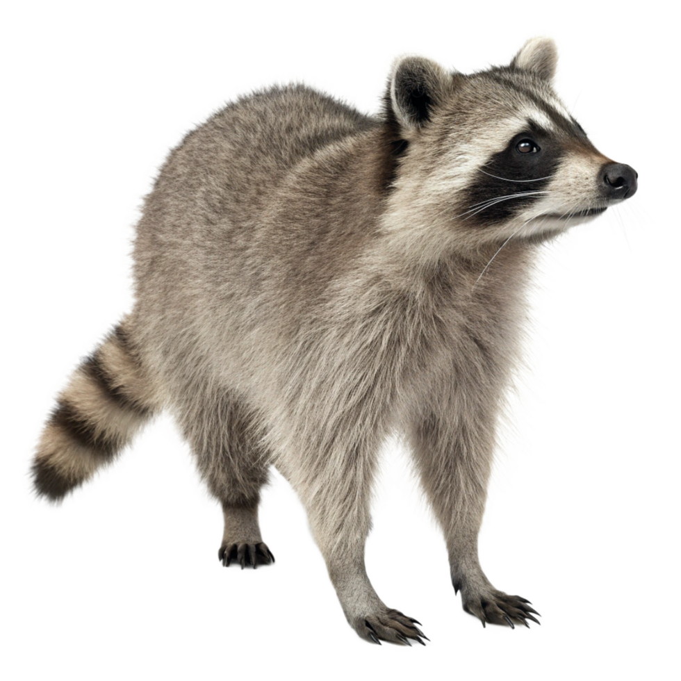 A Detailed Closeup of an Adorable North American Raccoon Standing on a White Background png