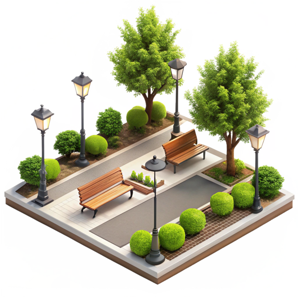 Isometric View of Charming City Park with Benches and Lampposts png