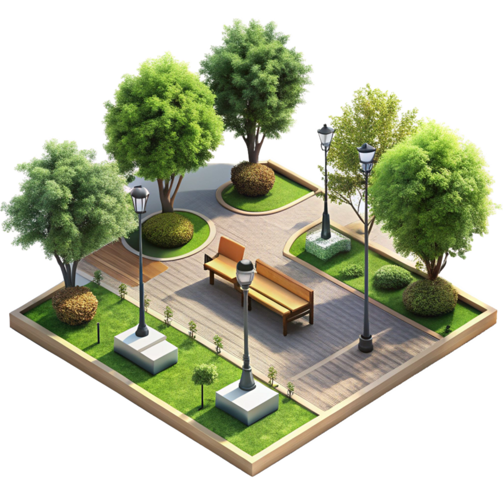 A serene park landscape design with lush green trees, wooden benches, and elegant lamp posts png
