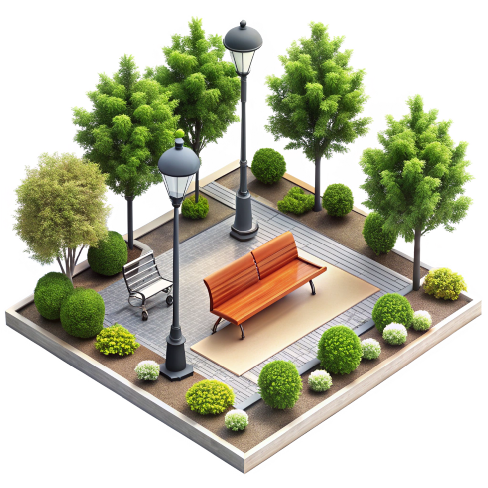 A Modern Urban Park Design with Wooden Benches and Lush Greenery png
