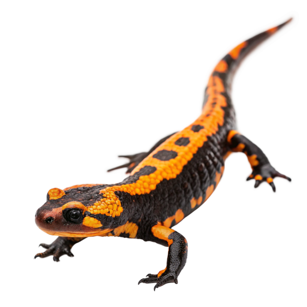 Closeup of a vibrant Fire Salamander on a black background showcasing its striking orange and black markings png