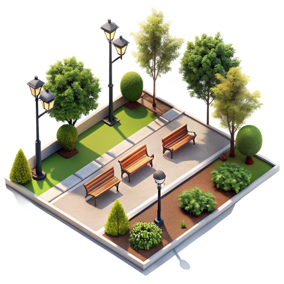 A beautiful isometric view of a park with benches and street lights png