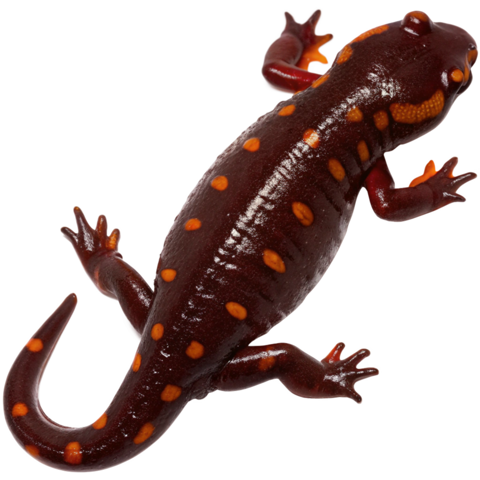 Detailed Closeup of a Striking Dark Brown Salamander with Bright Orange Spots png