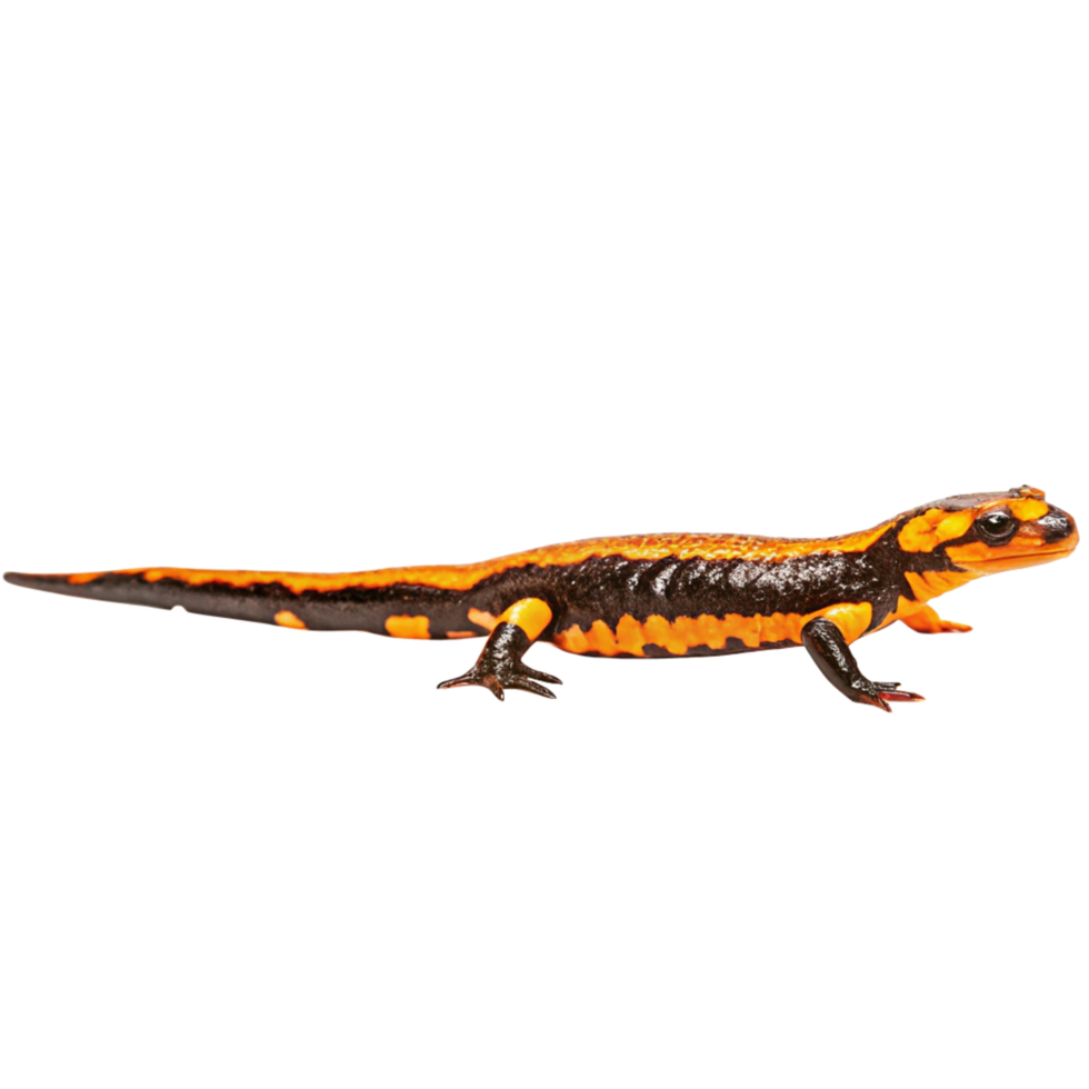 Closeup of a vibrant Fire Salamander on a black background, showcasing its striking orange and black markings png