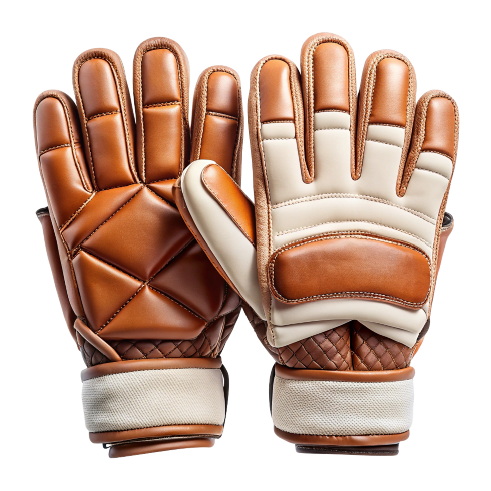 Pair of Stylish Brown and Beige Leather Goalkeeper Gloves with Quilted Design png