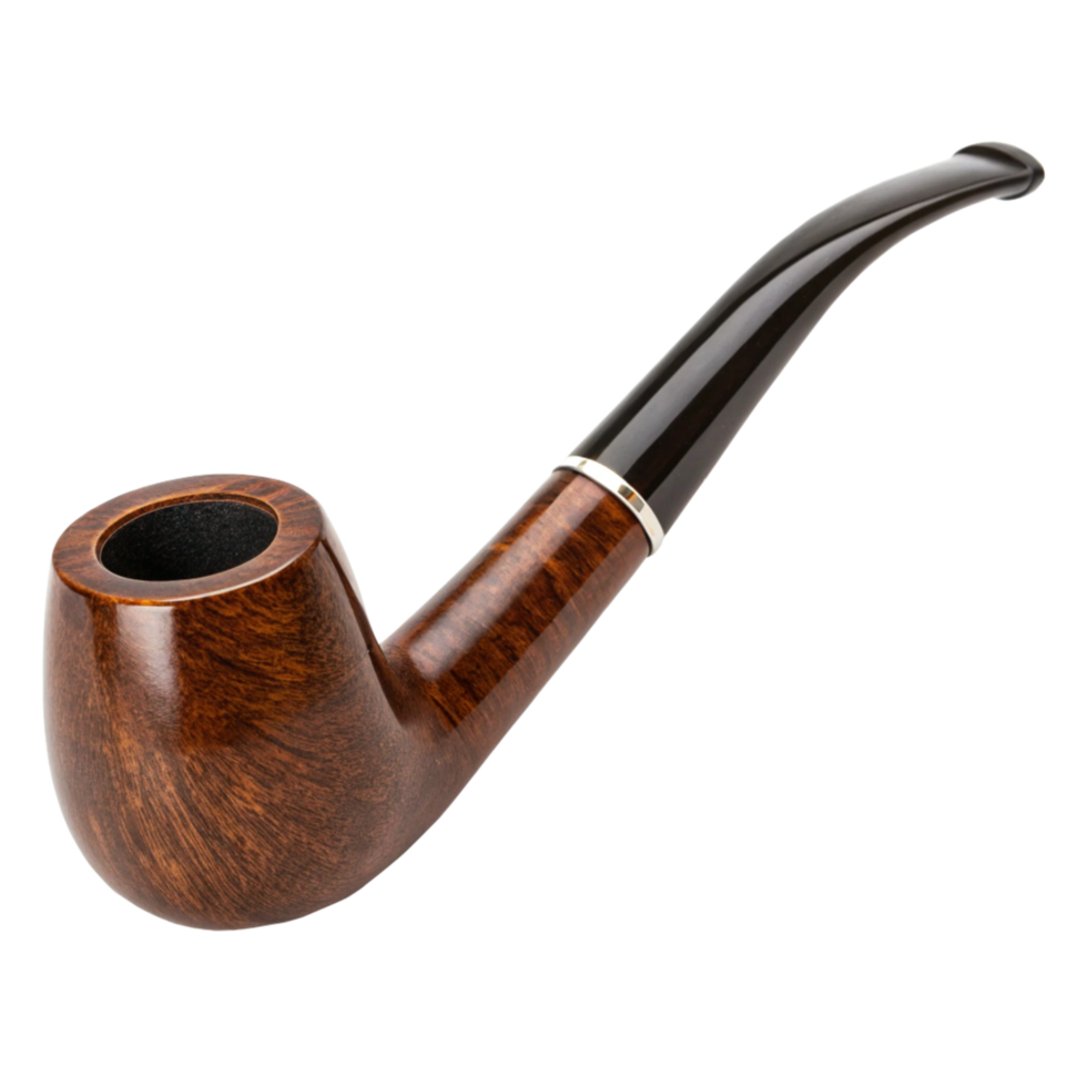 A Classic Brown Wooden Tobacco Pipe with a Black Stem Isolated on Black Background png
