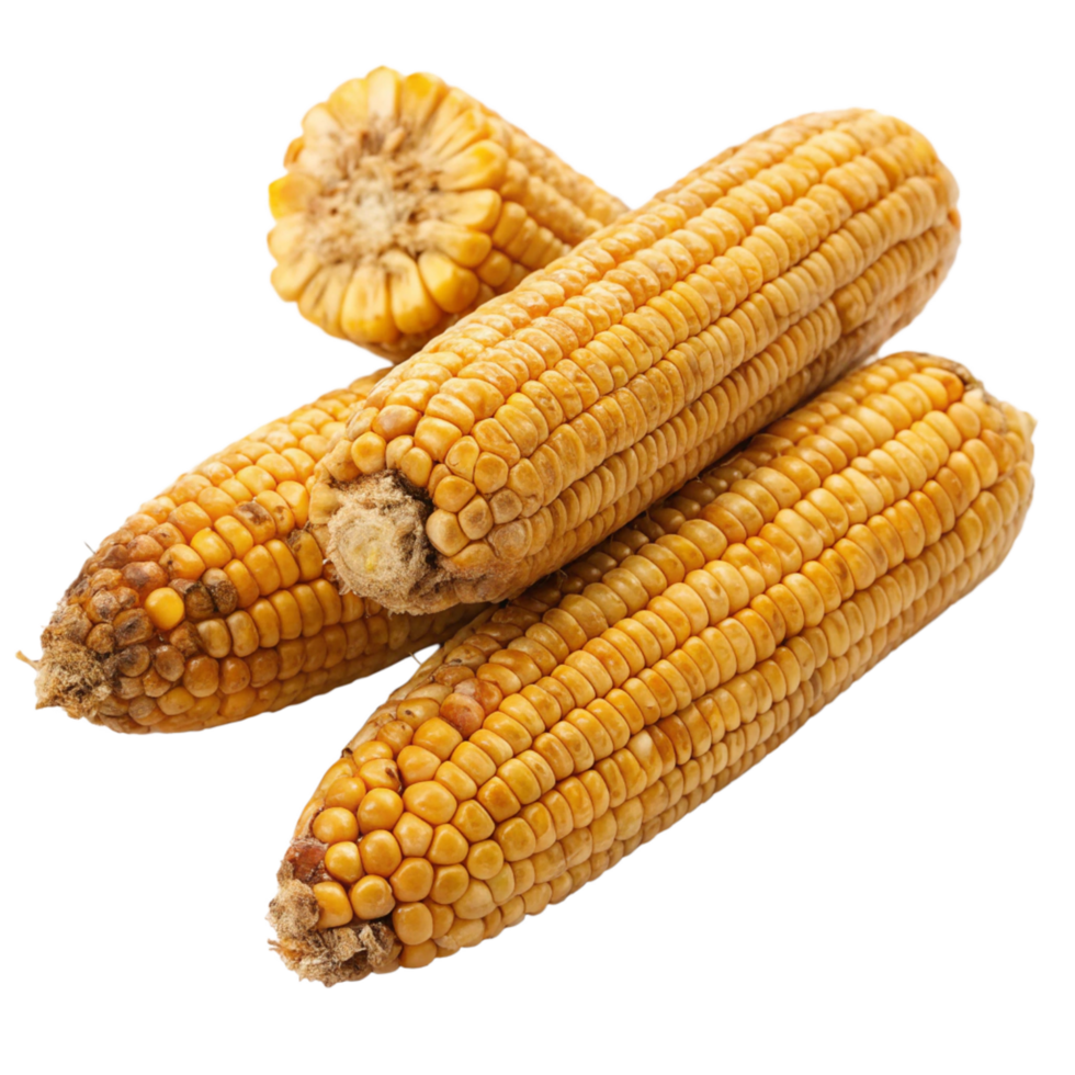 Three ears of dried corn on the cob showing signs of aging and possible mold png
