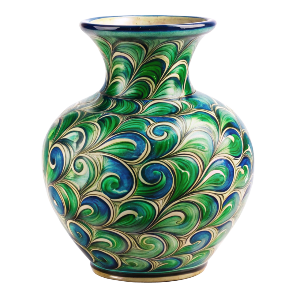 Stunning Handpainted Ceramic Vase with Peacock Feather Design in Vibrant Green and Blue Hues png