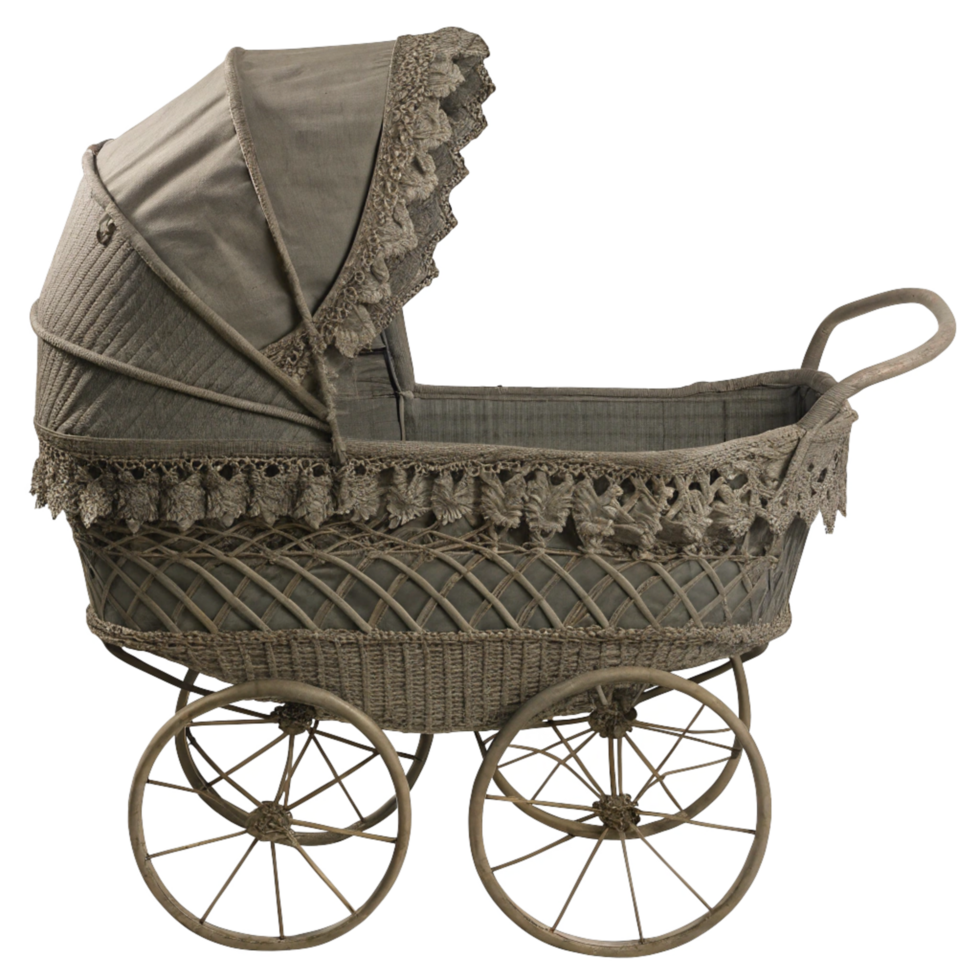 Antique Wicker Baby Carriage with Canopy and Lace Trim png
