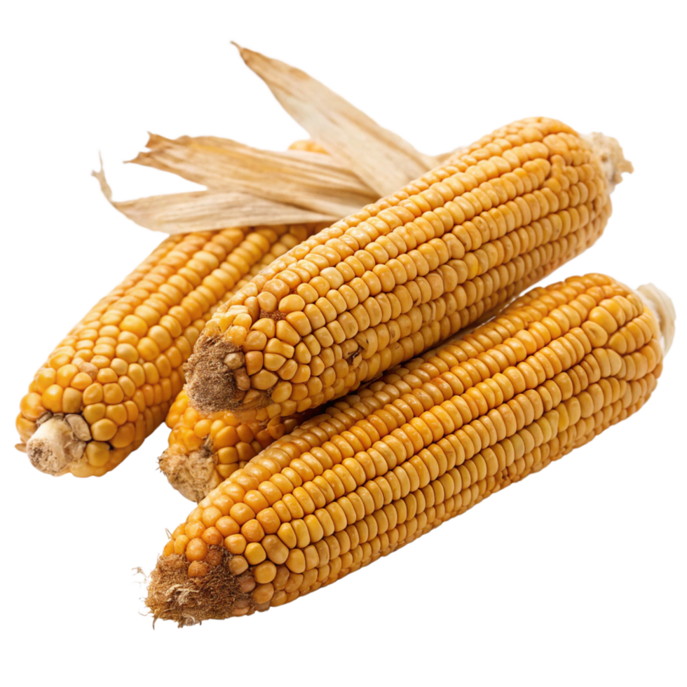 Three ears of dried corn with husks partially removed showing yellow kernels png