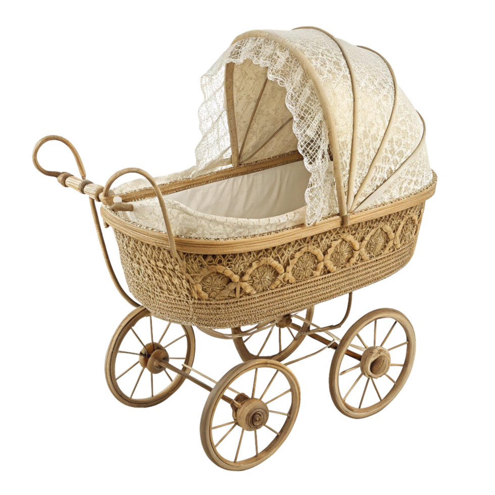 Antique Baby Carriage Wicker Bassinet with Lace Canopy and Wooden Wheels png