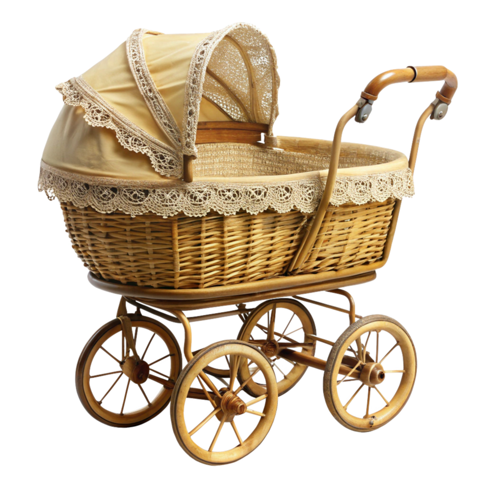 Antique Wicker Baby Carriage with Lace Canopy and Wooden Wheels png