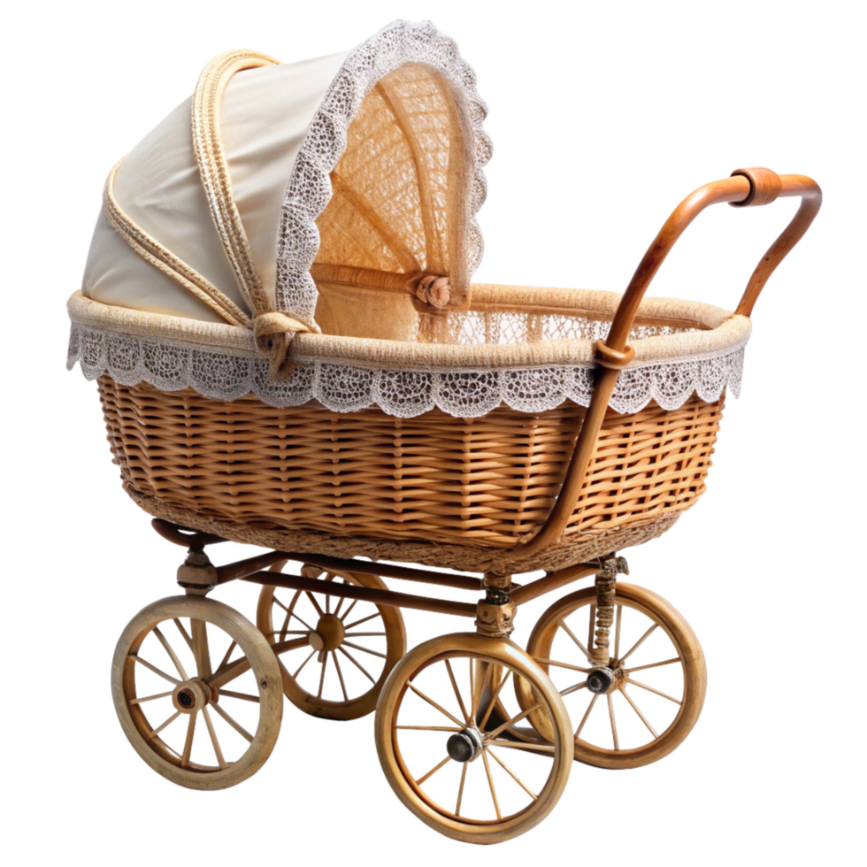 A Antique Wicker Baby Carriage with Lace Trim and Wooden Wheels png