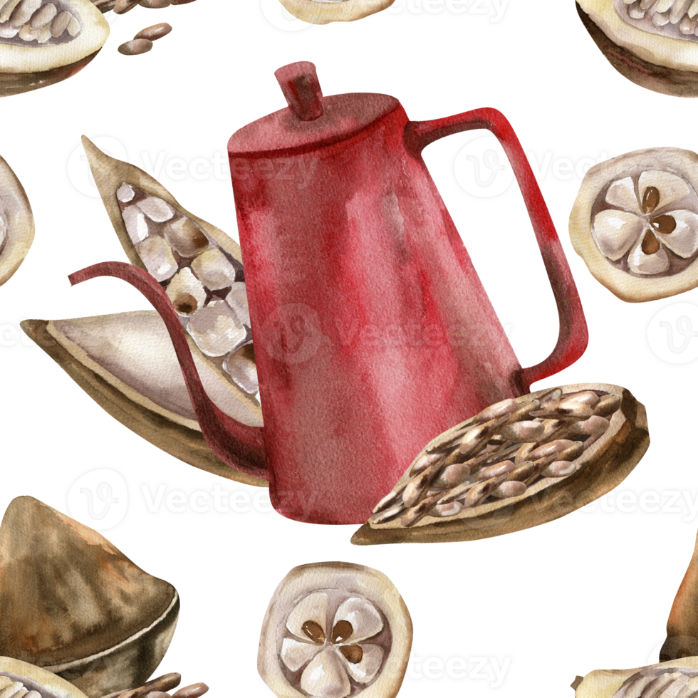 Coffee pot with cocoa beans and powder watercolor seamless pattern. Hand drawn organic tropical beans and pod painting, morning hot drink background for wallpaper,packing,wrapping paper design png