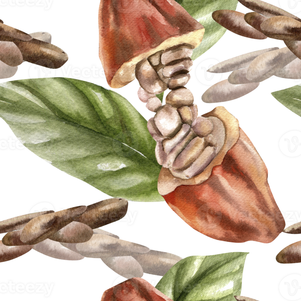 Coffee beans seamless pattern with watercolor pod with fresh beans and green leaves illustration. Hand drawn floral background with organic food for textile, fabric, cafe wallpaper design png