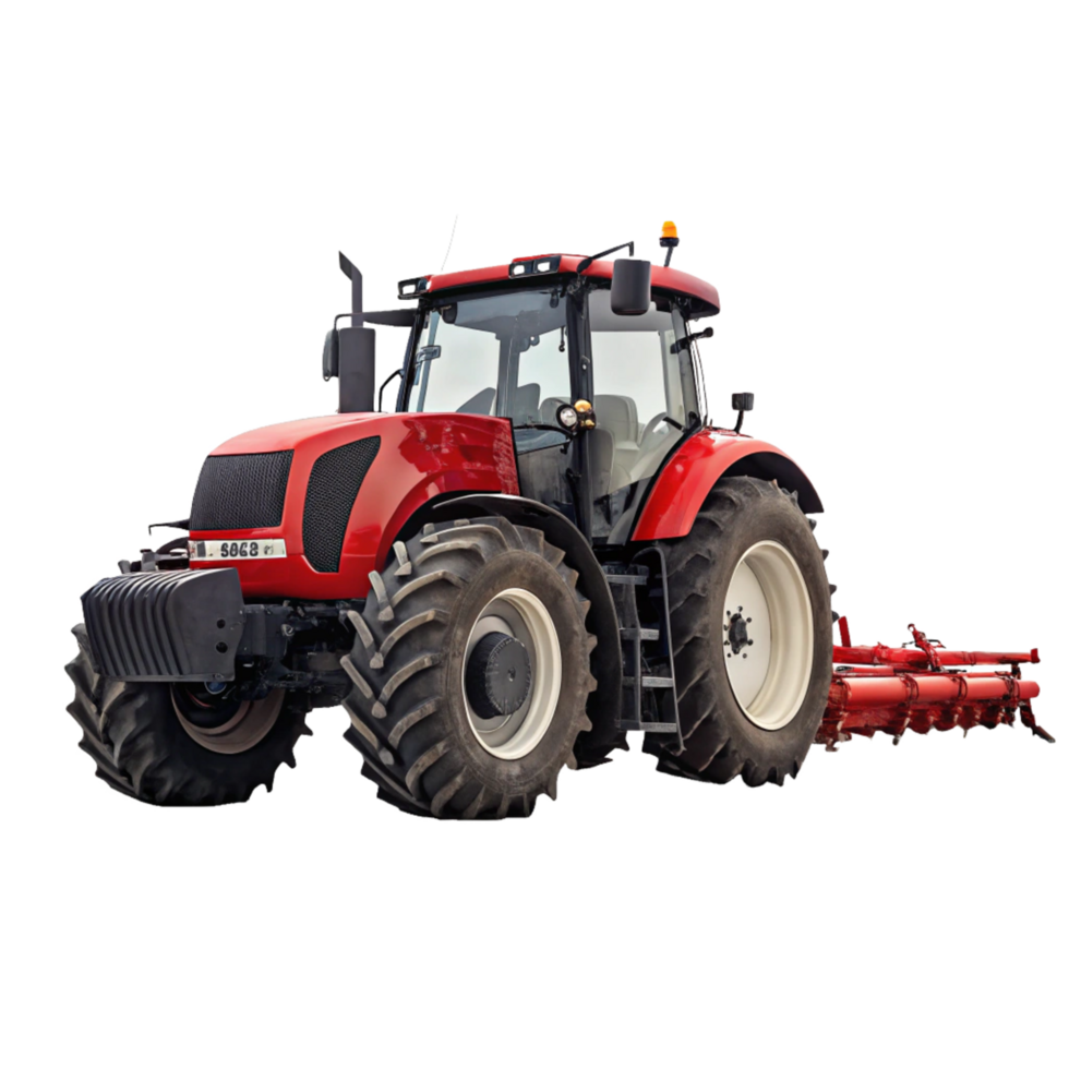 Powerful Red Farm Tractor with Attached Agricultural Implement png