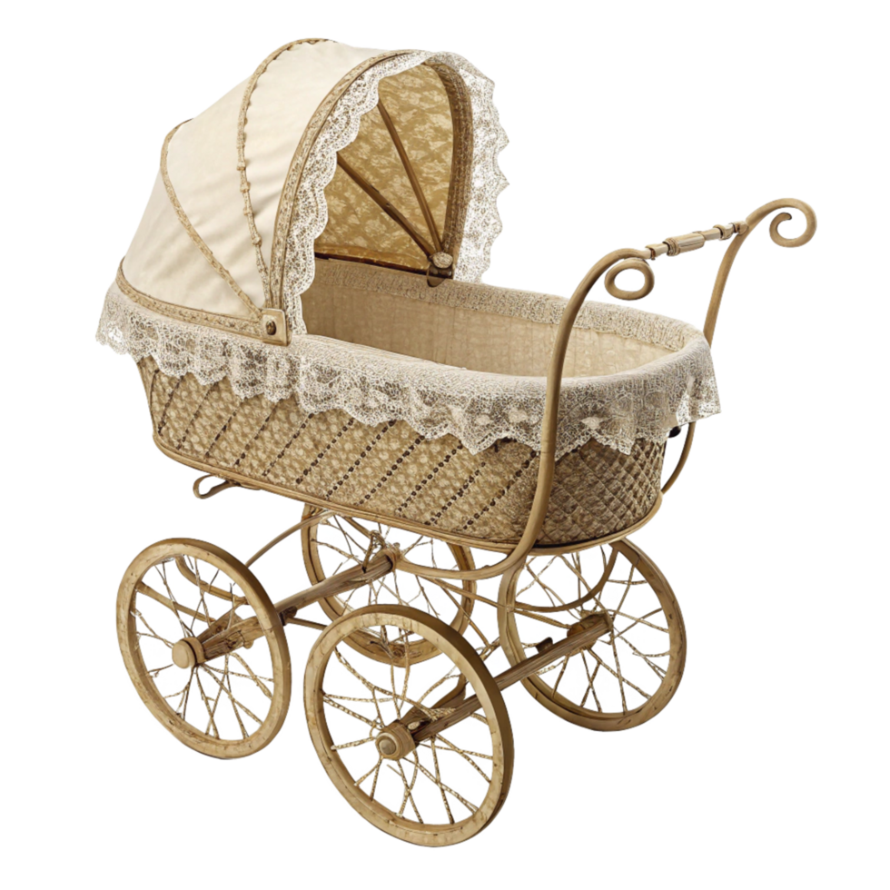 Antique Baby Carriage with Beige Canopy and Lace Trimmed Wicker Basket png