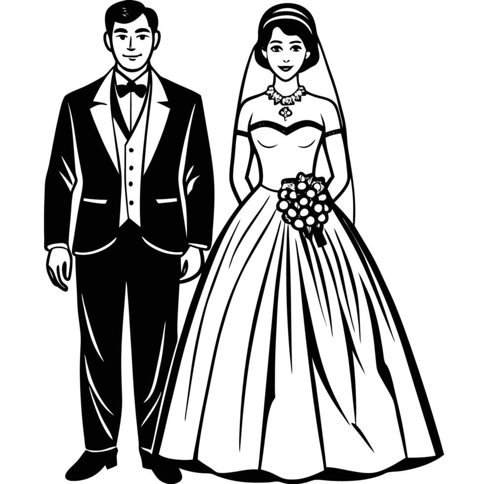 Flat Style Bride and Groom Wedding Couple in Elegant Attire on White Background vector