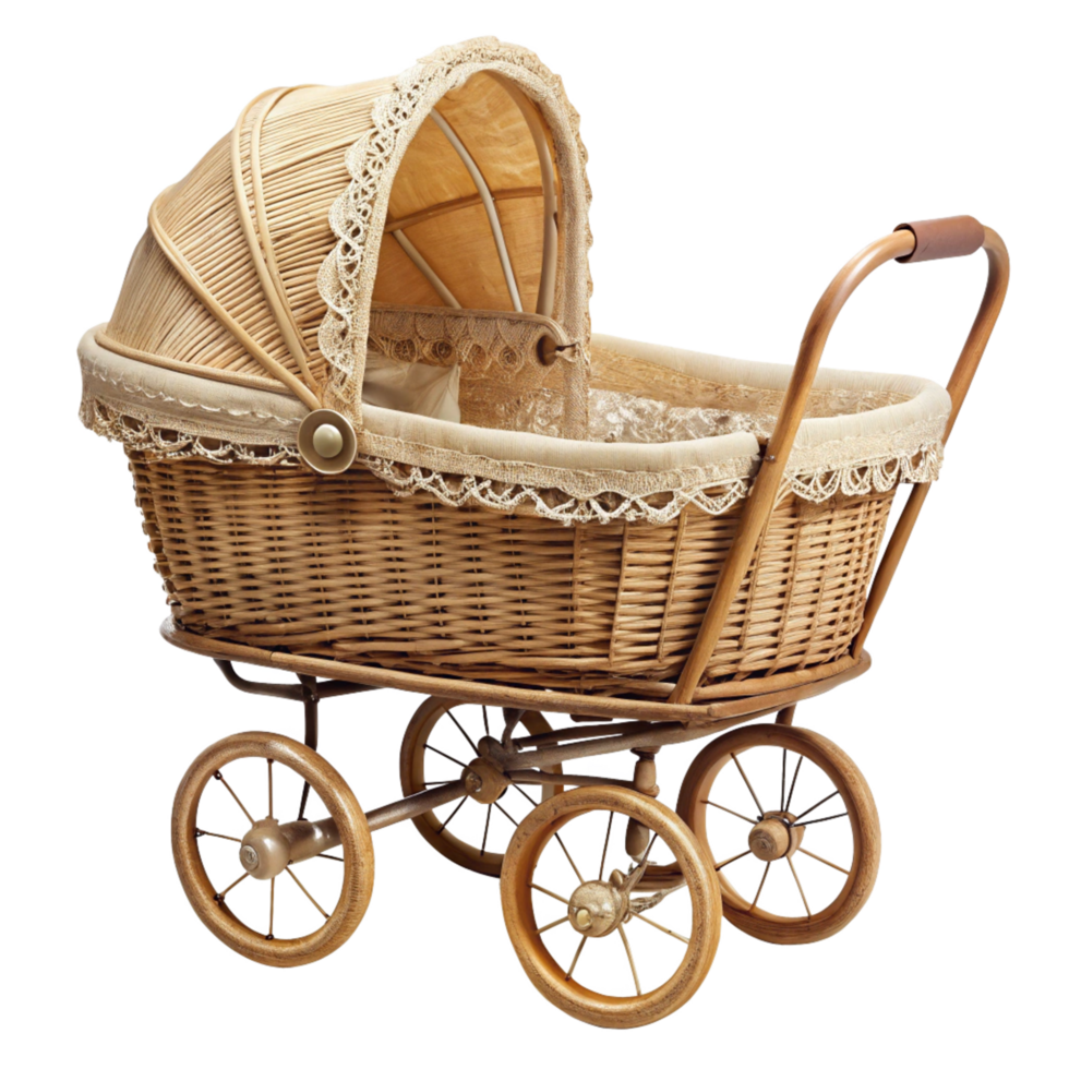 Antique Wicker Baby Carriage with Lace Trim and Wooden Wheels A Vintage Nursery Decor Item png