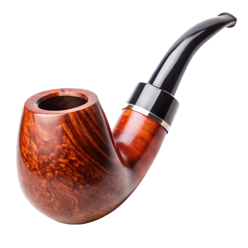A Classic Brown Wooden Tobacco Pipe with a Black Stem, Isolated on Black Background png