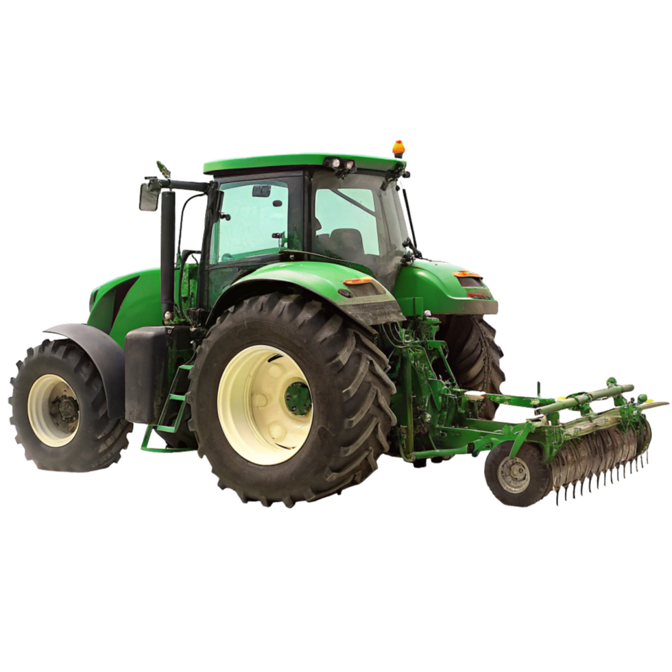 Powerful Green Tractor with Attached Agricultural Implement for Soil Cultivation png