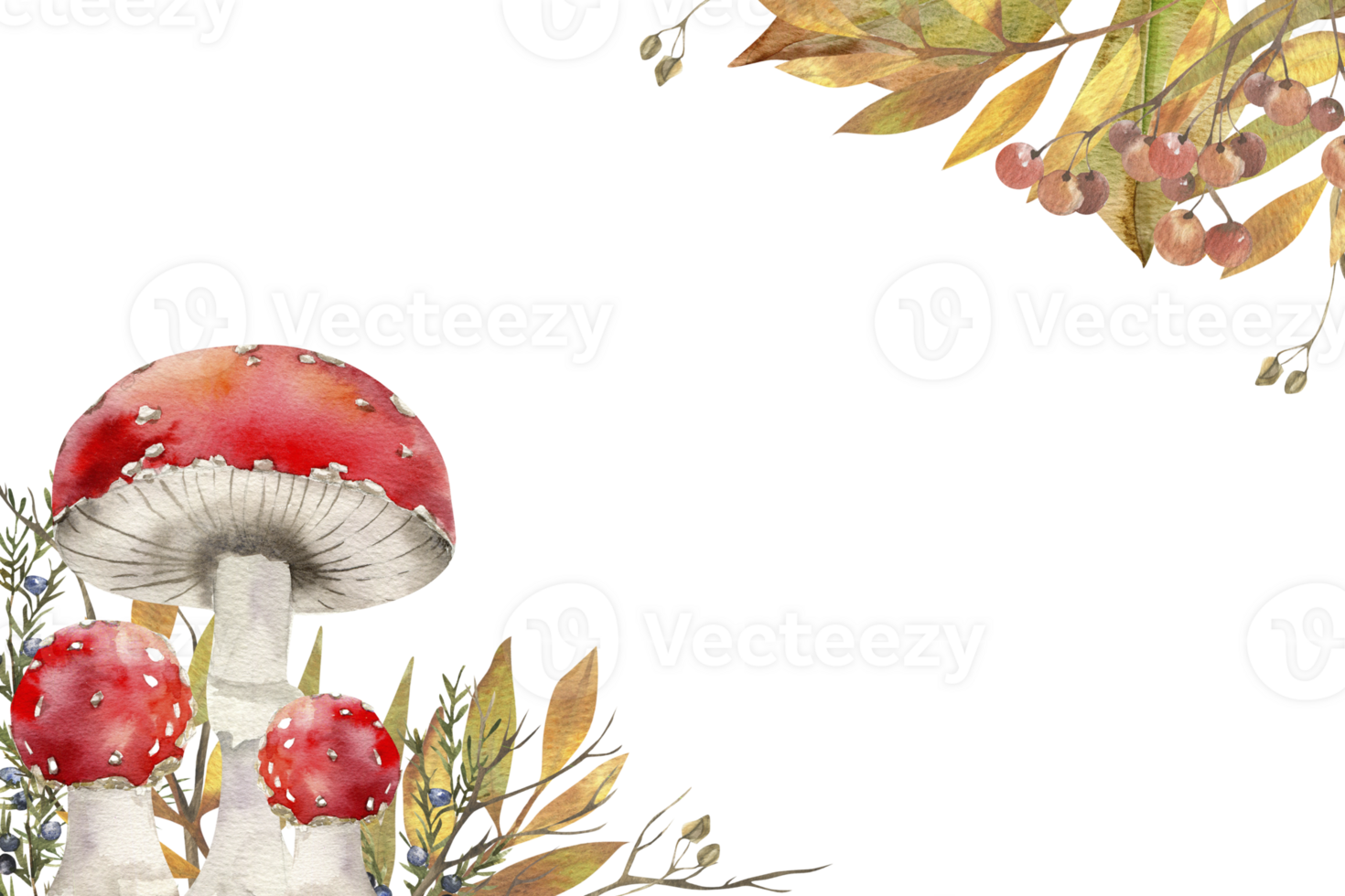 Autumn forest floral banner with red agaric mushrooms, berries and colorful leaves. Hand drawn botanical frame with fungus and leaves for fall season poster, packing, card design png
