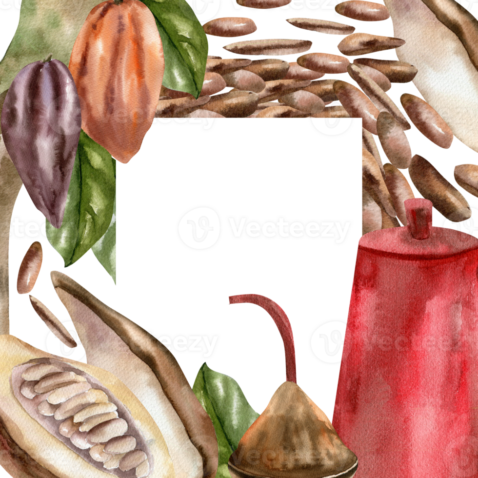 Cocoa beans floral banner with watercolor pods hanging on tree,beans,cocoa powder and red ceramic coffee pot illustration. Isolated frame with copy space for menu,poster, packing design png