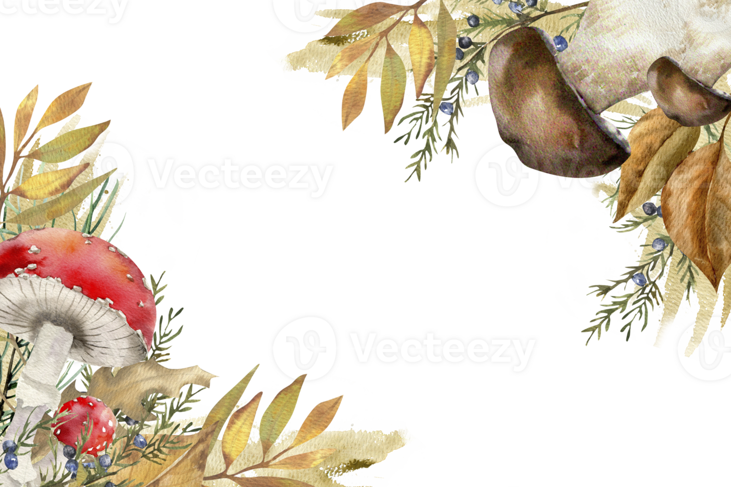 Botanical autumn forest banner template with red and brown mushrooms,colorful leaves and juniper branches watercolor illustration.Hand drawn floral frame, harvest season clipart for card,poster design png