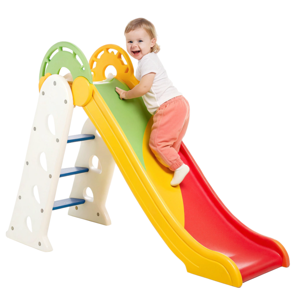 Happy Toddler Climbing a Colorful Plastic Slide for Kids Playground Fun png